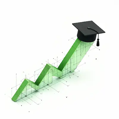 Abstract student success concept: upward arrow woven into geometric grid, graduation cap silhouette formed by lines, soft green accent, no people faces.