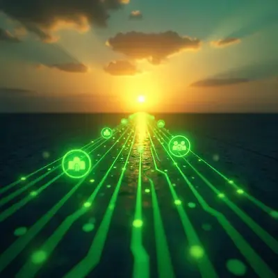 Career advancement concept: pathway made of circuit lines leading to bright horizon, minimal icons of skills, light theme, green accent, no people.