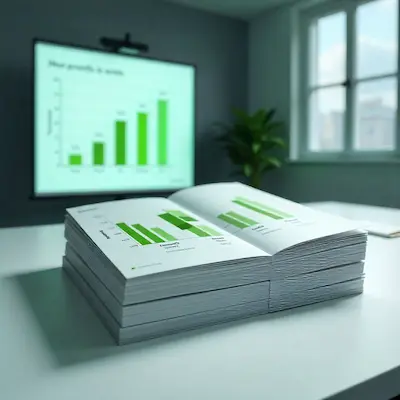 AI portfolio success concept: stacked cards with generic charts and model blocks, gentle shadows, geometric dividers, green highlight, no brands.